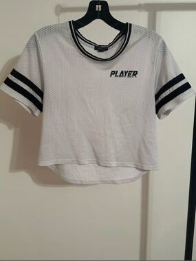 Material Girl White Mesh Crop Top with Black Trim and Pink Logo
